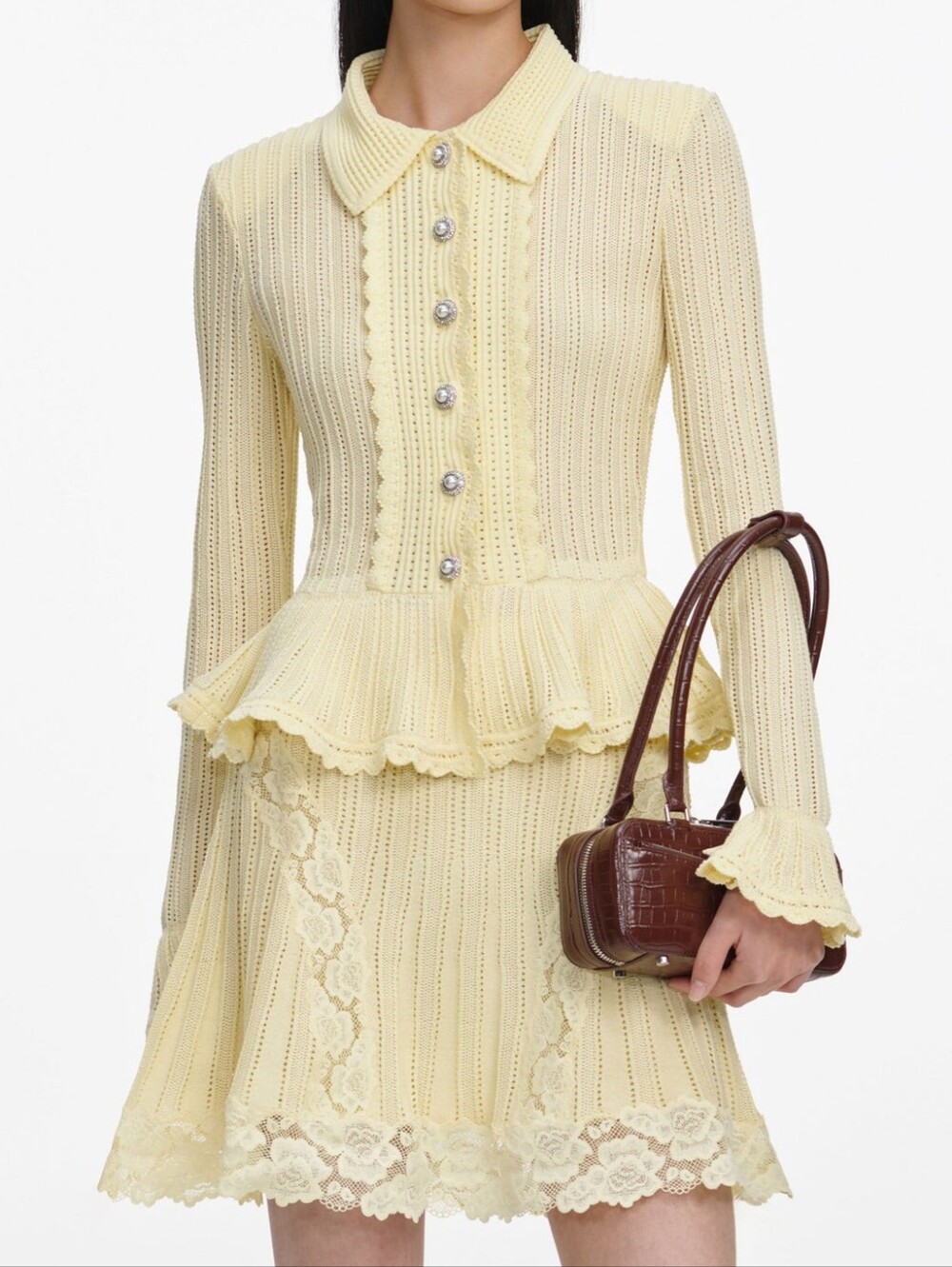 Self Portrait Yellow Pointelle Peplum Knit Mini Dress - Picture 4 of 7